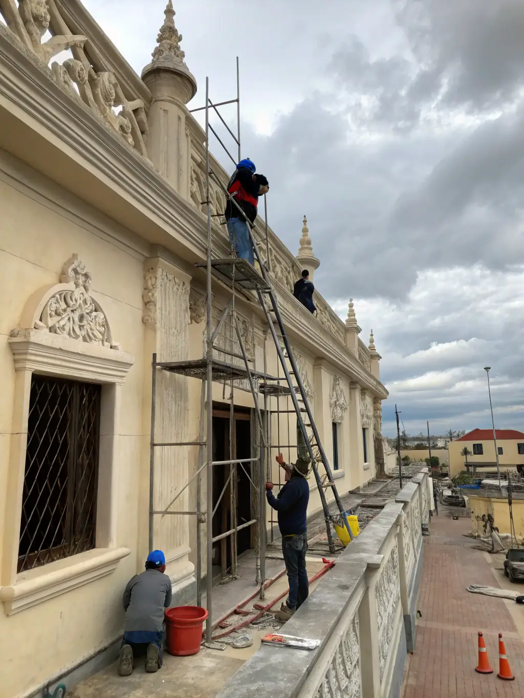 A photograph capturing the meticulous restoration work being done on a chapel's ancient stone facade, showcasing the dedication and skill involved in preserving historical architecture.