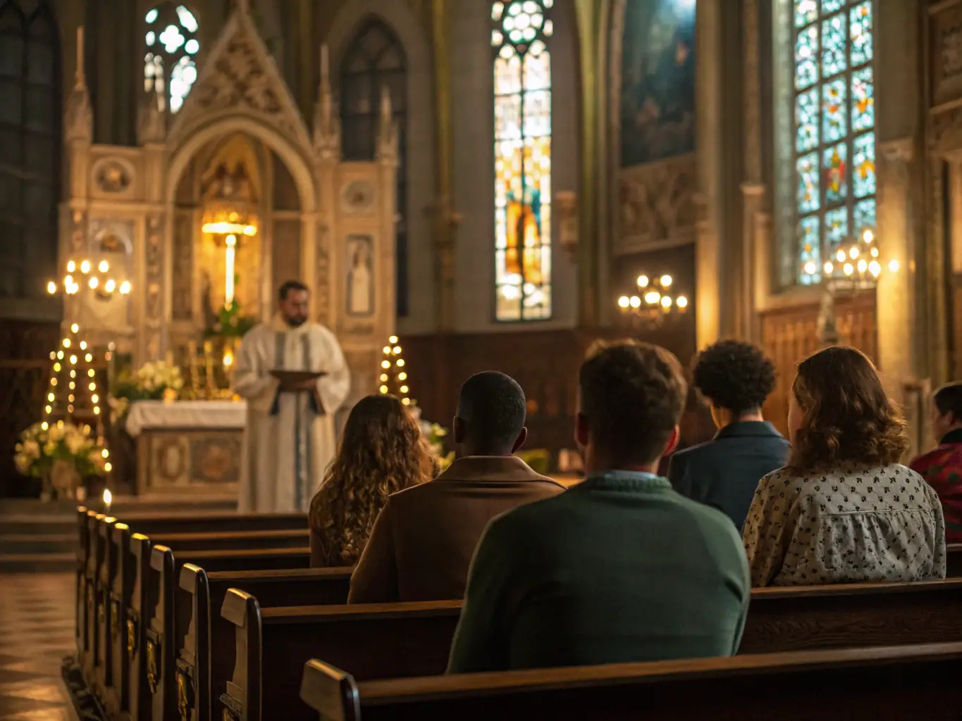 A group of people on a guided tour inside one of the chapels, listening attentively to a guide.