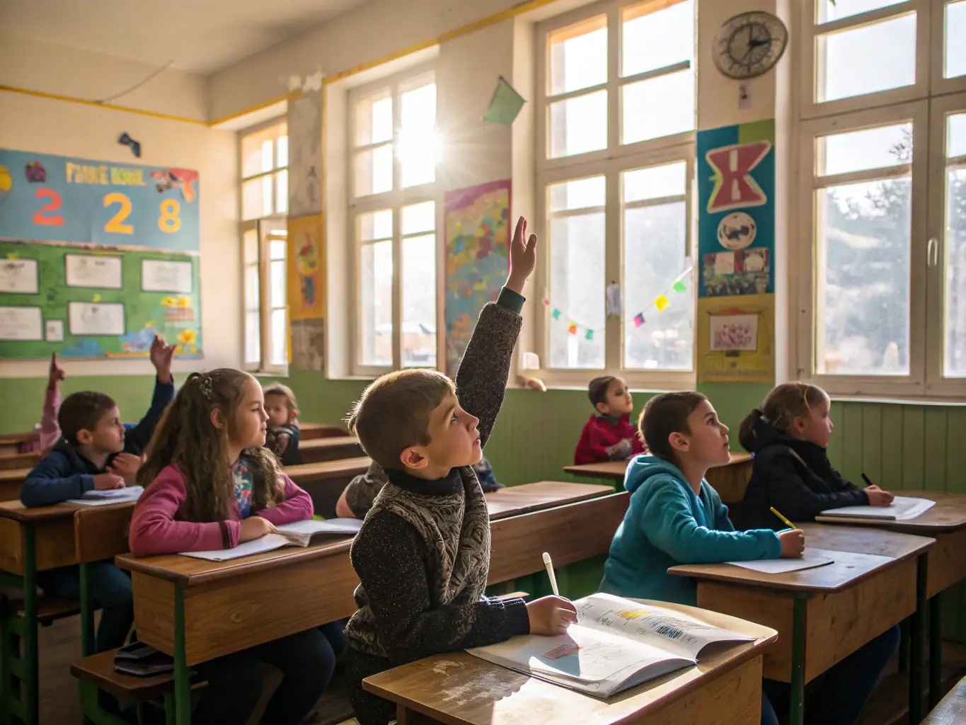 A classroom setting with children learning about the history and architecture of local chapels.