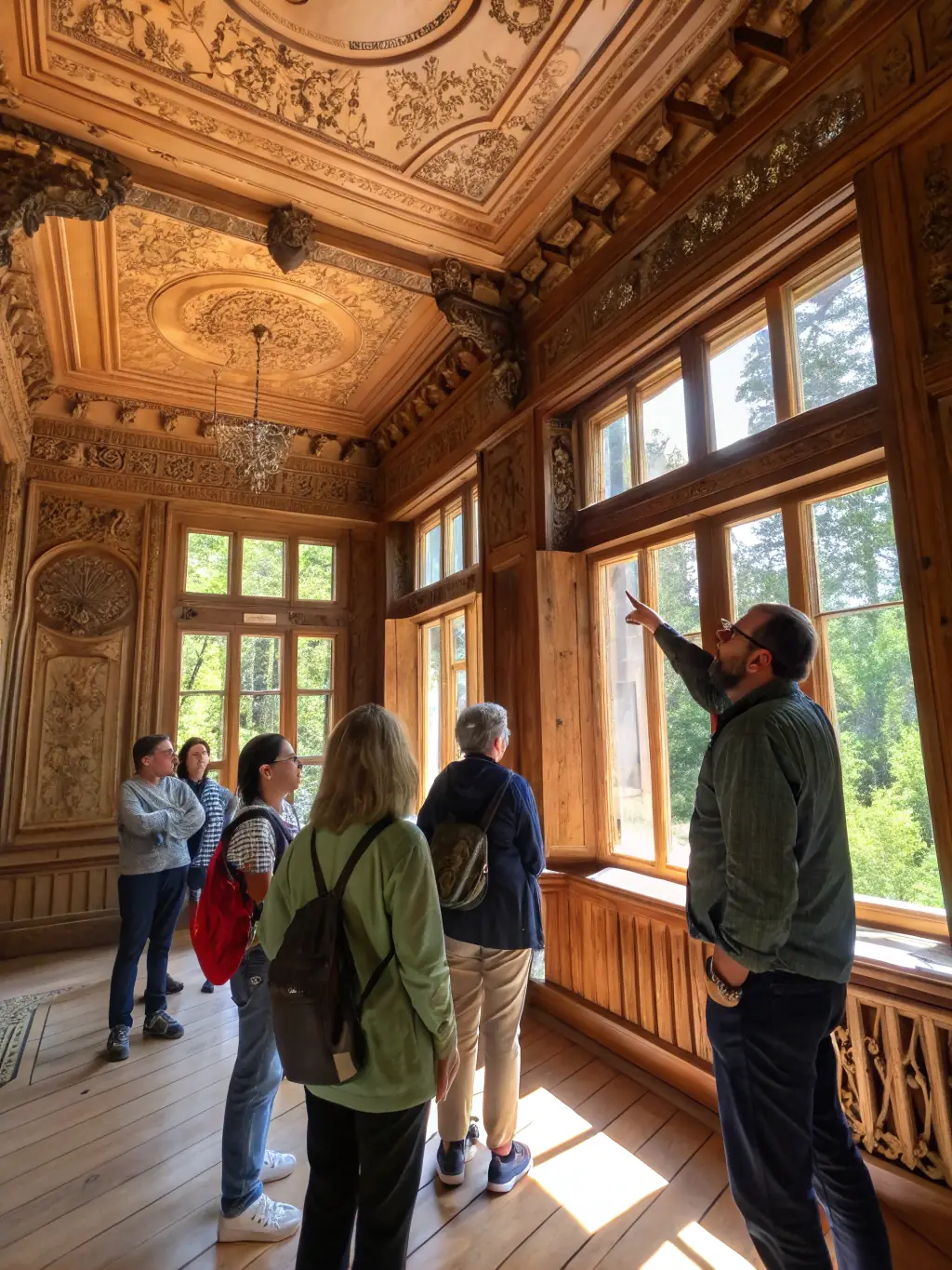A group of volunteers participating in a guided tour of a chapel, listening attentively to the historical and architectural significance explained by a knowledgeable guide.