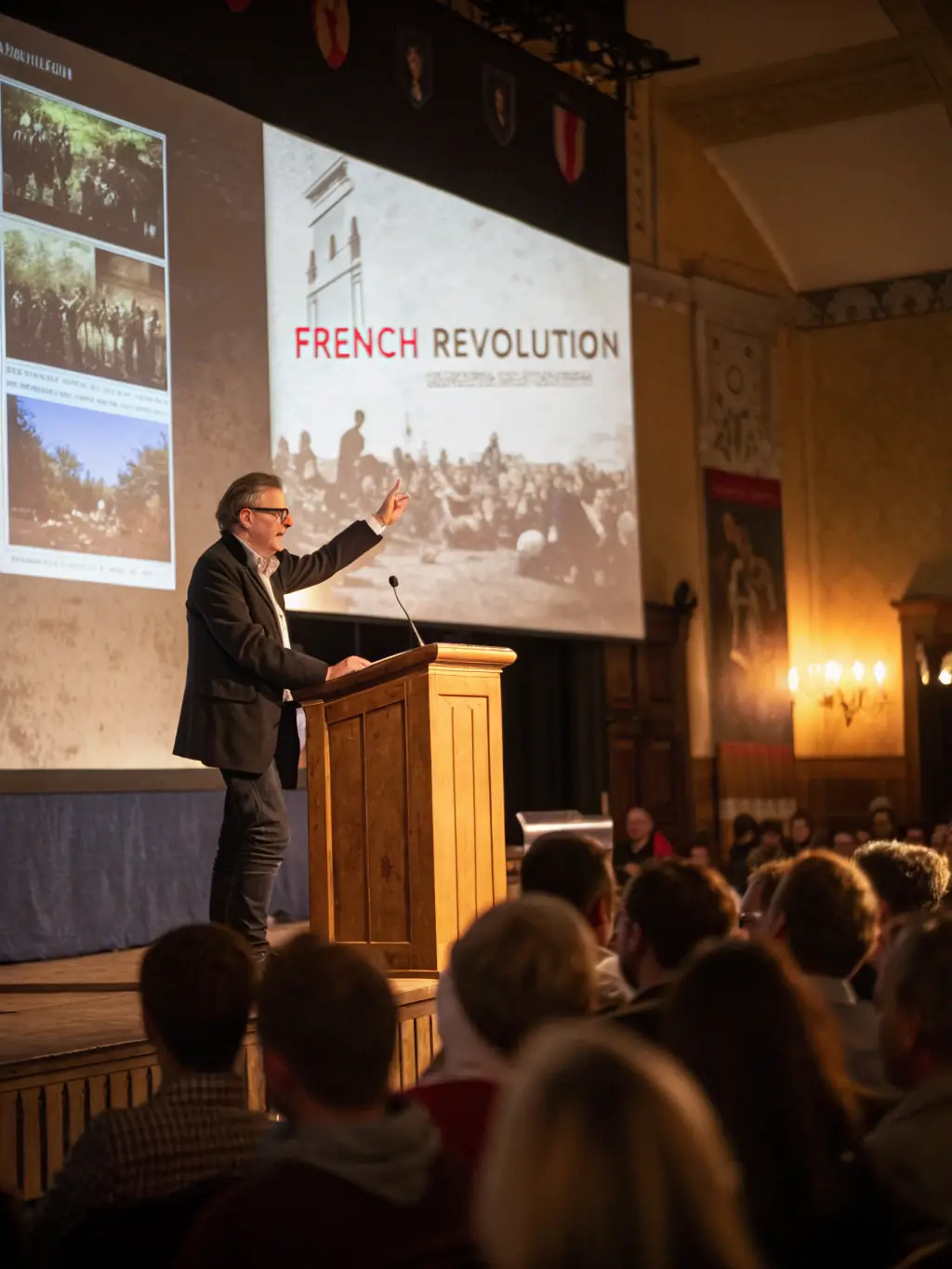 A classroom setting where a historian is giving a presentation on the history of local chapels to a group of engaged community members.